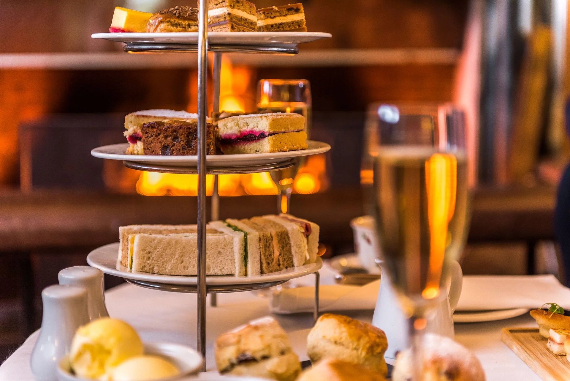 Afternoon tea on a three-tier stand by the fire at Greywalls