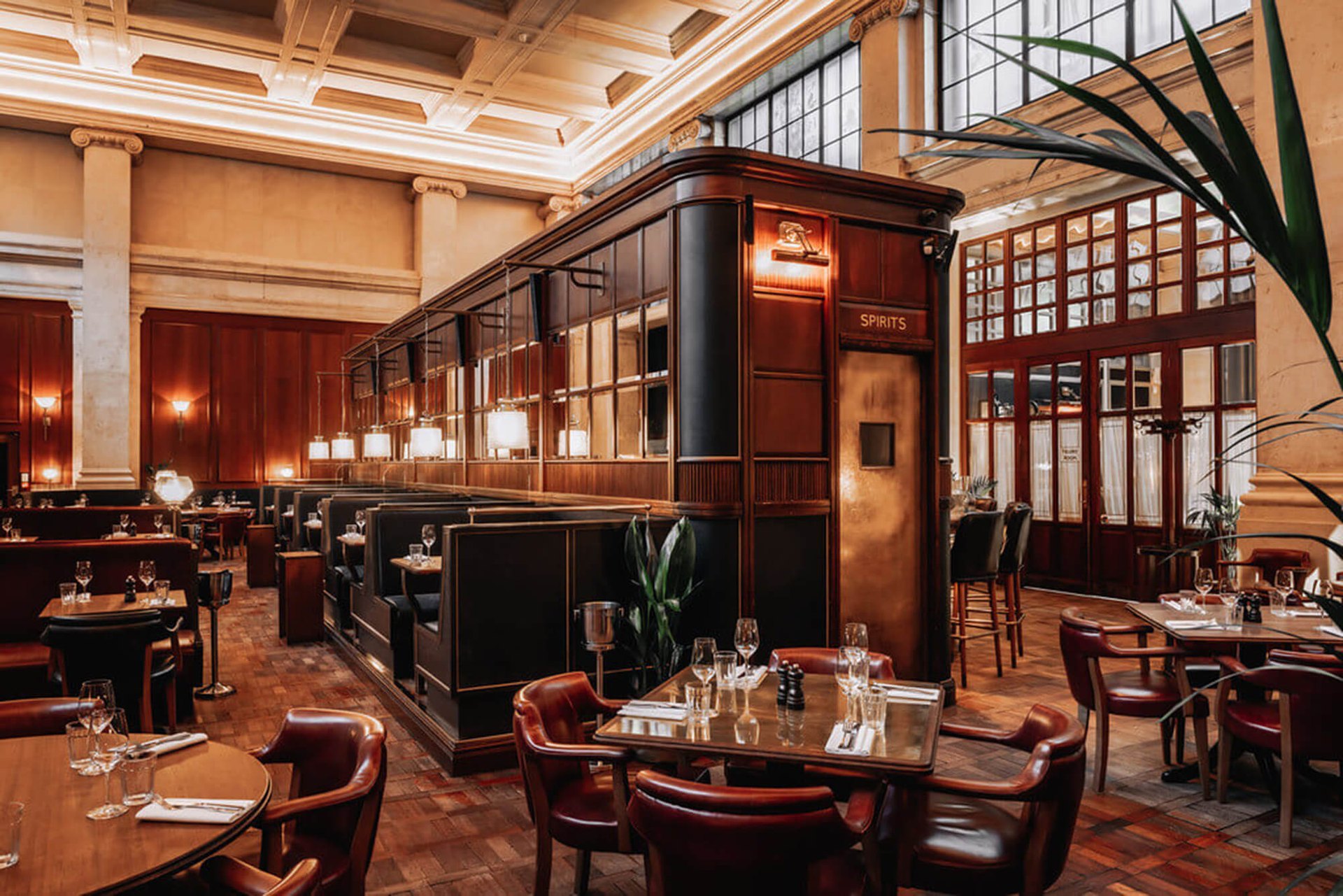 Booths and tables beneath the coffered ceiling of Hawksmoor Edinburgh