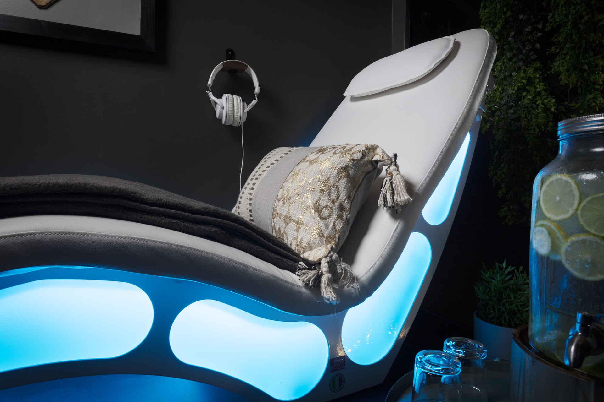 A lit lounger in the Swell room at the Spa at Kimpton Charlotte Square